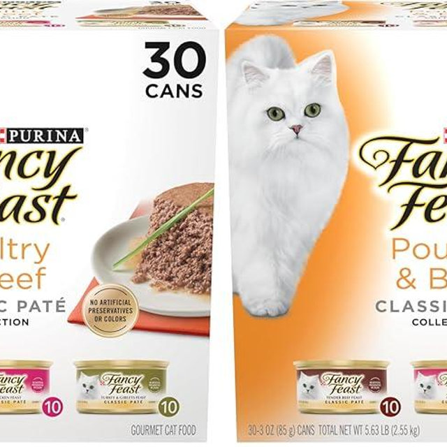 Fancy Feast Poultry and Beef Feast Classic Pate Collection Grain Free Wet Cat Food Variety Pack - 3 oz. Cans,(Pack of 60)