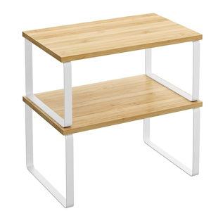 Cabinet Organizer Shelf, Set of 2 Kitchen Counter Shelves, Kitchen Storage, Spice Rack, Stackable, Expandable, Metal and Engineered Wood, Cloud White and Natural Beige UKCS02NW