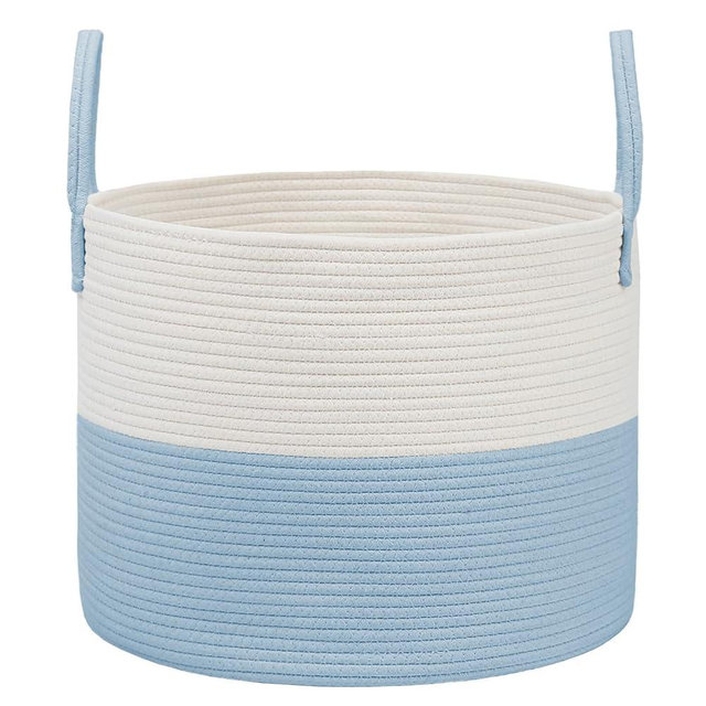 JMvicyroam Woven Blanket Basket,65L Large Rope Storage Bin with Handles, Organizer for Blankets Toys Book and Clothes, Laundry Basket for Living Room Bedroom Nursery,White&Blue