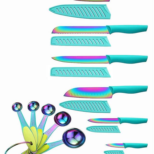 DISHWASHER SAFE KYA37B Knife Set with Blade Guards and Measuring Spoons, Marco Almond® Rainbow Titanium 17-Piece Stainless Steel Kitchen Knives Set with Sheath, Teal