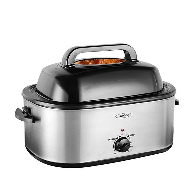 30lb 26-Quart Roaster Oven, Electric Roaster Oven with Viewing Lid, Sunvivi Turkey Roaster with Unique Defrost/Warm Function, Large Roaster with with Removable Pan & Rack , Stainless Steel, Silver