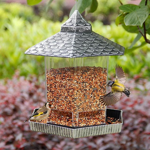 Twinkle Star Wild Bird Feeder Outdoor Hanging for Garden Yard Outside Decoration, Hexagon Shaped with Roof, Silver