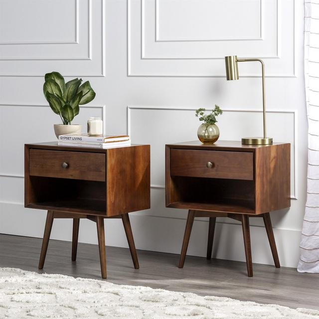 Mid-Century 1-Drawer Solid Wood Nightstand | Set Of 2