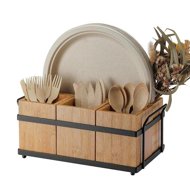 PTSTING Silverware Caddy Wood Silverware Holder Paper Plate Dispenser Silverware Utensil Caddy Cutlery Flatware Organizer Box for Spoons Forks Plates Napkins