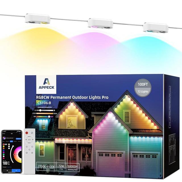 APPECK Permanent Outdoor Lights Pro 100ft, RGBCW Smart Eaves Lights with 72 LED Lights, Dual Lens, Cuttable, 111 Scene Modes, IP67 Waterproof Lighting for Christmas, Work with Alexa, White