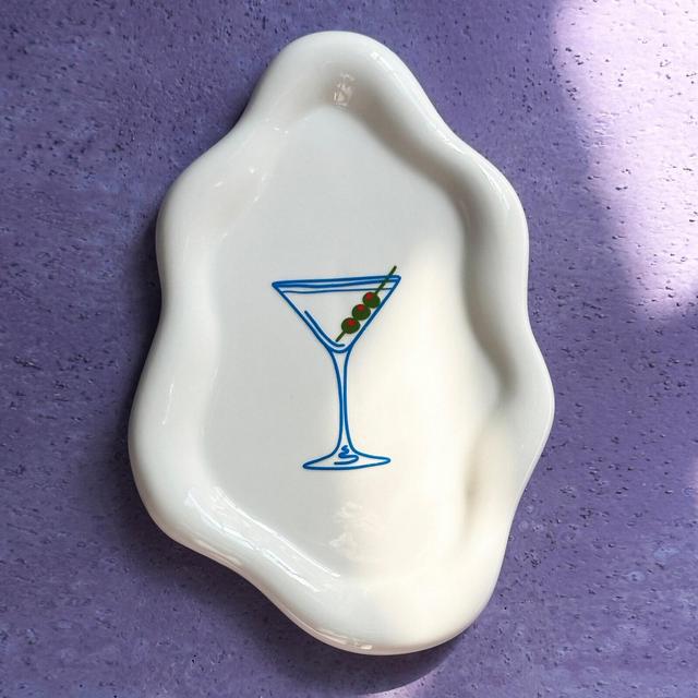 Irregular Wavy Ceramic Tray with Martini with Olives Design – Modern Decorative Tray, Martini Lover Gift, Bar cart dish