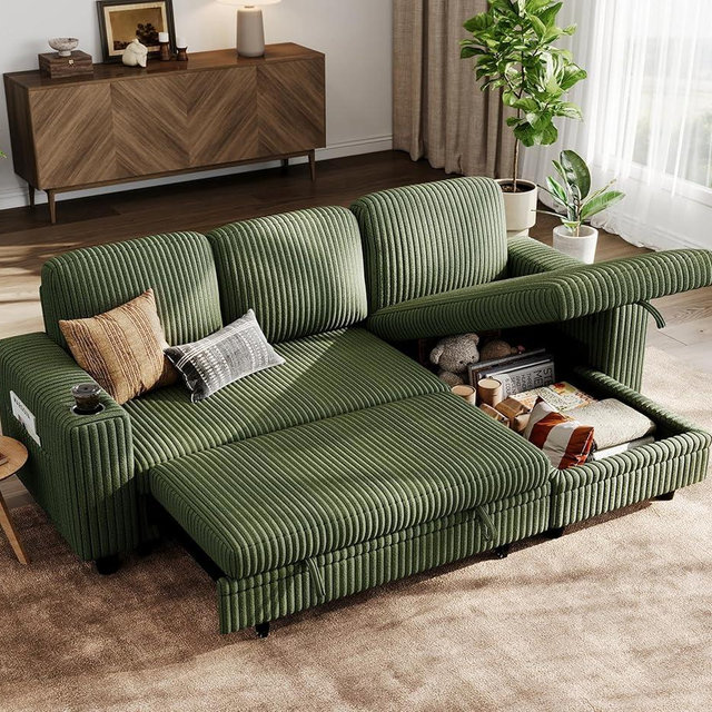 LINSY HOME Sectional Sleeper Sofa with Pull Out Couch Bed Convertible Plush Corduroy Cloud Couch with Storage Chaise & USB Charging, Comfy L Shaped Modular Couches for Living Room Apartment (Green)