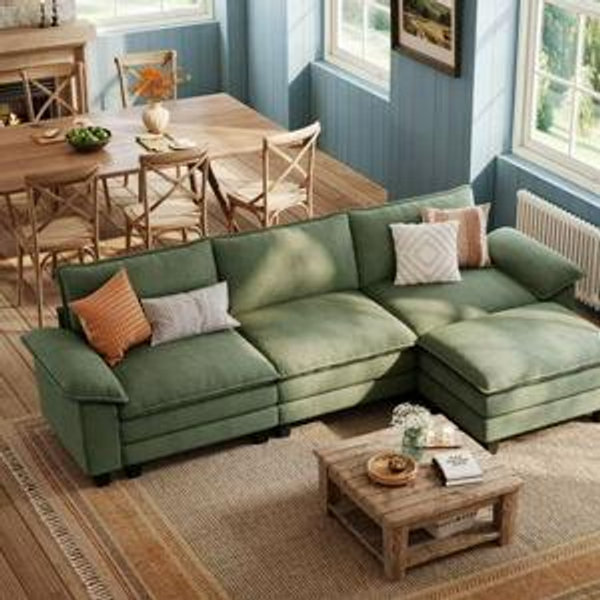 Linsy Home 123" Cloud Modular Sectional Sofa for Living Room, L-Shaped Cloud Sofa Couch with Corduroy Fabric, 3 Seat Oversized Couch with Movable Ottoman, Green