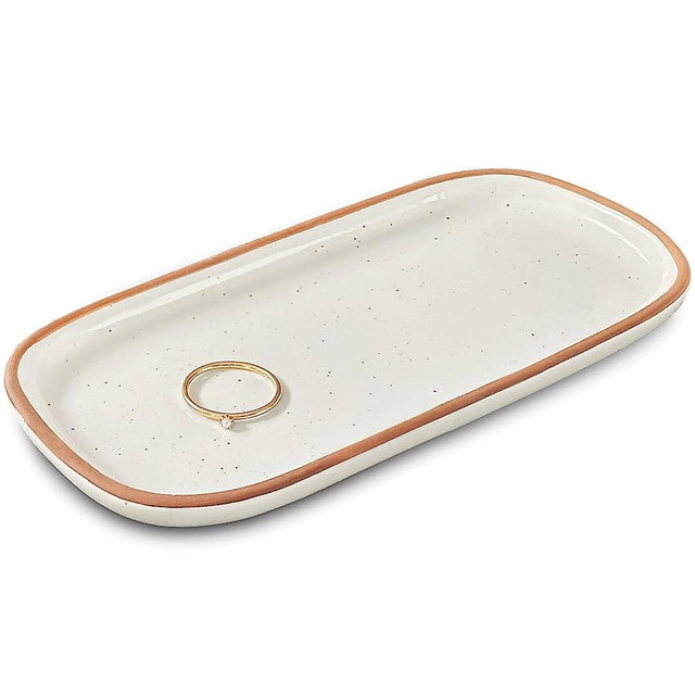 Mora Ceramic Decorative Tray - Rectangle 6.4in Dish for Jewelry, Perfume, Makeup, Accessories, Candle, in The Bathroom Vanity, Sink, Bedside, or Kitchen Counter. Cute Organizers - White