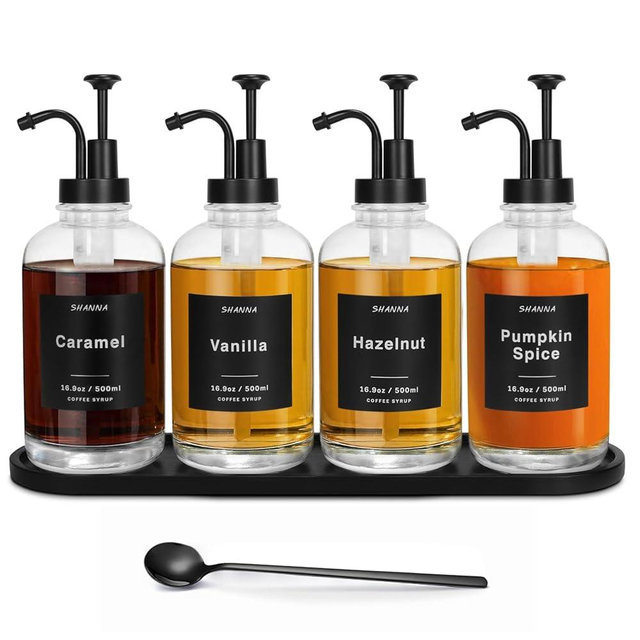 Coffee Syrup Dispenser for Coffee Bar, 16.9oz 500ml Glass Syrup Dispenser w Black Coffee Scoop, Coffee Syrup Pump Dispenser w 36 Labels and Bamboo Tray, Coffee Syrup Bottles with Black Pump, 4PCS