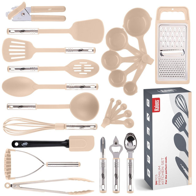 Kaluns Kitchen Utensils Set, 24 Piece Nylon and Stainless Steel Cooking Utensils, Dishwasher Safe and Heat Resistant Kitchen Tools, Khaki