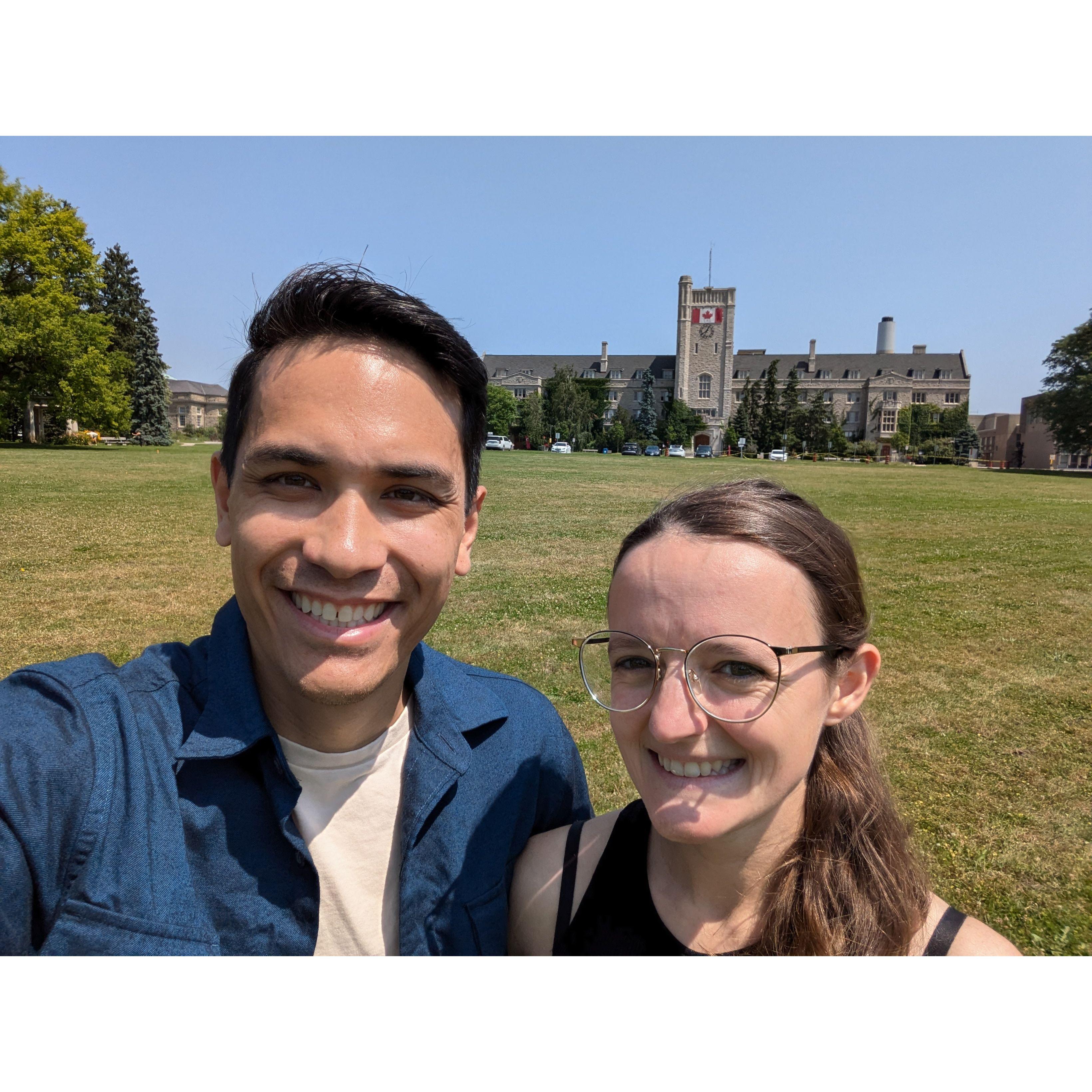 Moments before Brandon proposed to Valerie on Johnston Green at U of G, 2024