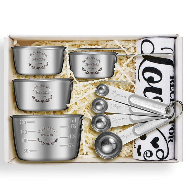 Wedding Gifts for Couples 2024,Bridal Shower Gifts for Bride to Be,Cool Engagement Gifts for Couples,Mr and Mrs Gifts,Bride Gifts Box with Measuring Cups and Spoons Set,Dish Towel