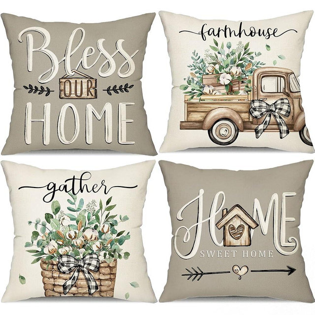 DFXSZ Farmhouse Pillow Covers 18x18 Set of 4 Eucalyptus Leaves Decorations Truck Sweet Home Spring Pillow Covers, Polyester Cushion Case Gifts for Home Decor 175