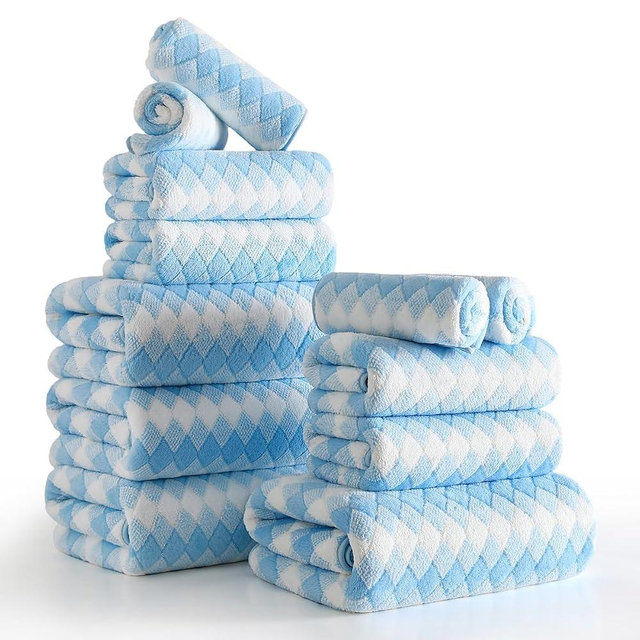 12 Pcs Blue White Diamond Towel Set-4 Bath Towels,4 Hand Towels,4 Washcloths Soft Polyester Towels with Loop Absorbent Shower Towel Quick Dry Beach Chair Towel Family Towels for Bathroom Spa Gym Pool