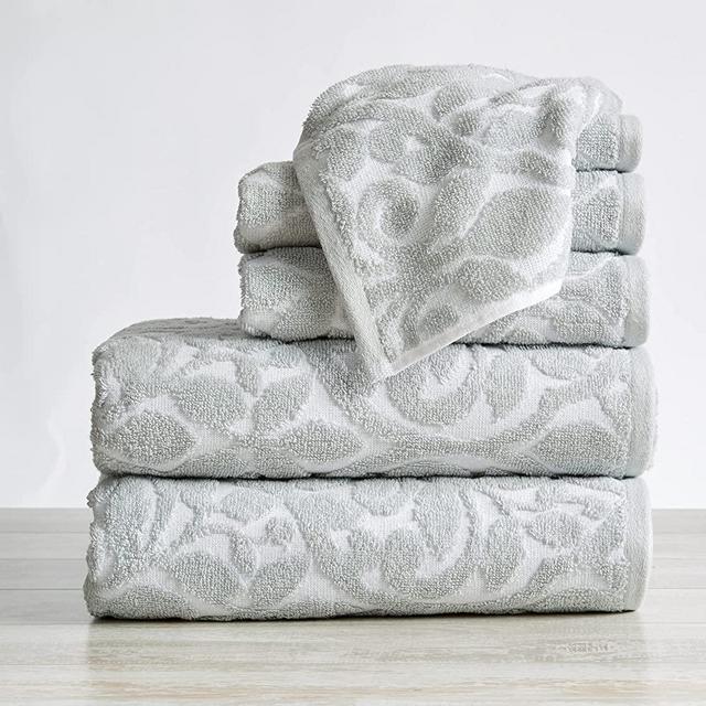 100% Cotton Jacquard Bathroom Towels. Absorbent Quick-Dry Plush Bath Towels. Cassie Collection (6 Piece Set, White / Grey)