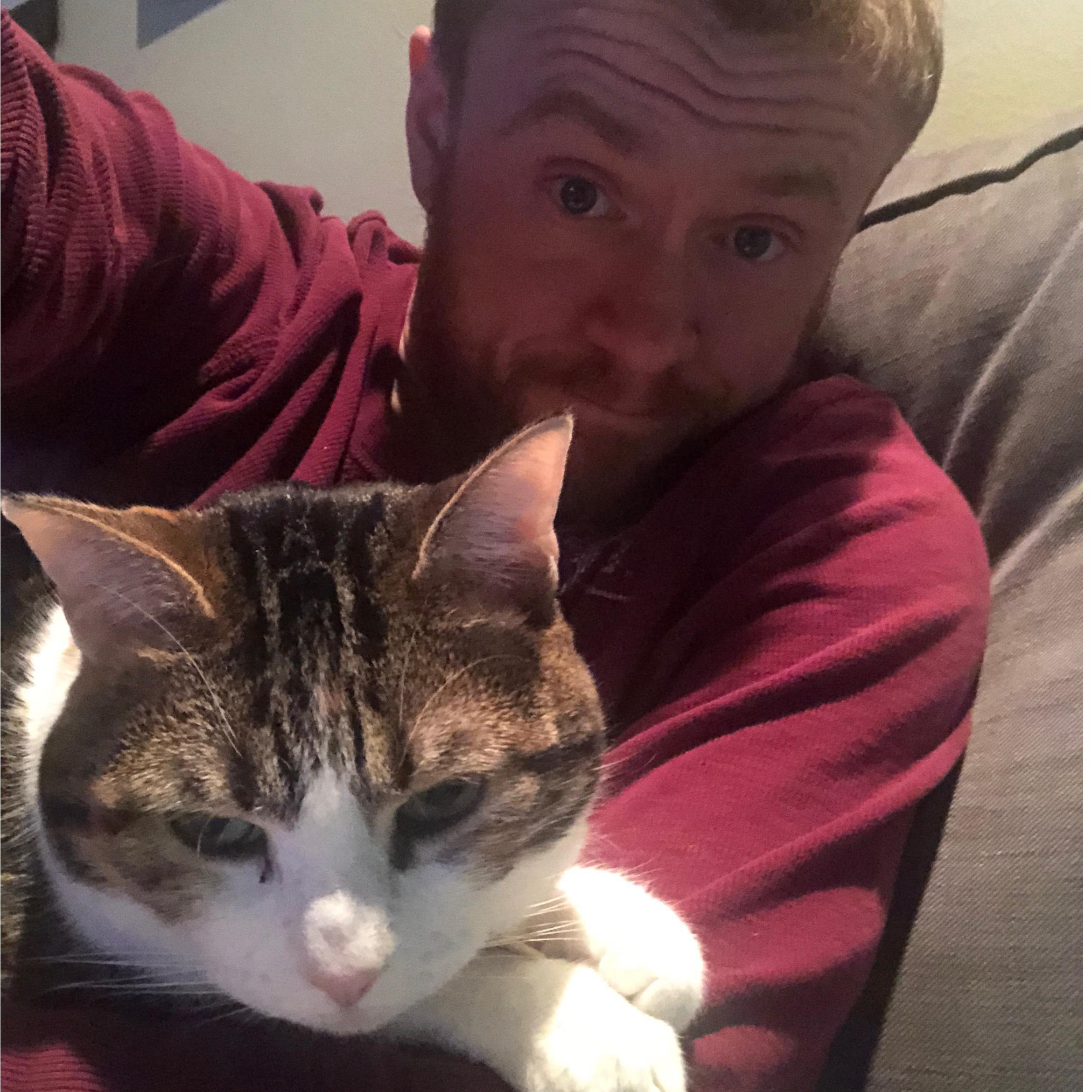 Piper will often be found on Dave's lap for an afternoon nap