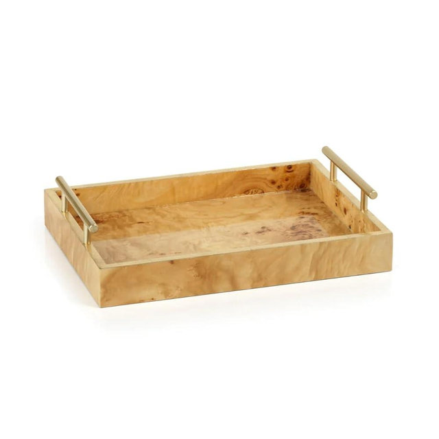 Zodax Leiden Burl Wood Design Rectangular Tray with Gold Handles (Medium Rectangle)