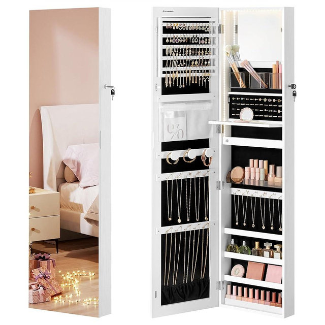 SONGMICS 55 Inches Tall Spacious Jewelry Cabinet, Jewelry Armoire with Light-Up Interior Mirror, Wall or Door Mounted Jewelry Storage Organizer, Lockable, Chirstmas Gifts, Cloud White UJJC032W01