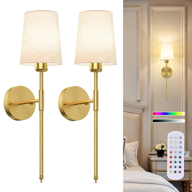 Battery Operated Wall Sconce Set of 2, Rechargeable Wall Lights with 10000mAh Detachable Battery and Remote, 10 Colors Dimmable Wireless Wall Sconces for Bedroom Living Room Decor Gold