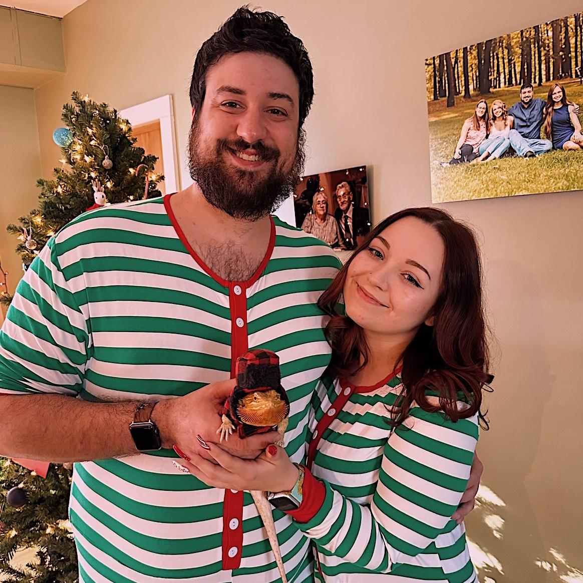 3rd annual Christmas PJs featuring pet bearded dragon Diablo