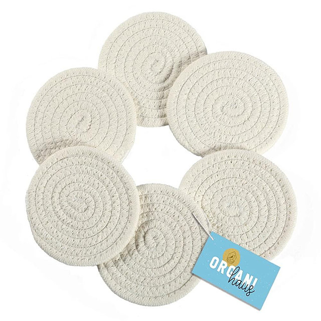 OrganiHaus Set of 6 White Farmhouse Coasters for Coffee Table | 4.3" Aethetic Boho Coasters for Drinks | Absorbent Coasters | Cute Coasters | Moisture Absorbing Coasters | Woven Fabric Cup Coasters