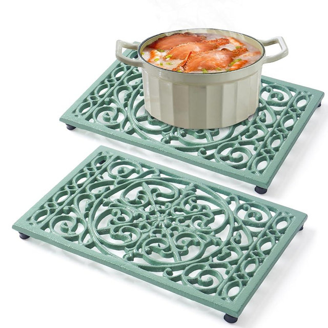 Notakia 9.6 x 6.3 Inch Cast Iron Trivet Set, Large Metal Trivets for Hot Dishes Pots Pans Decorative Kitchen Trivets, Heat-Resistant Trivet Mats for Quartz Countertops, Table Cooktop (Green 2Pack)