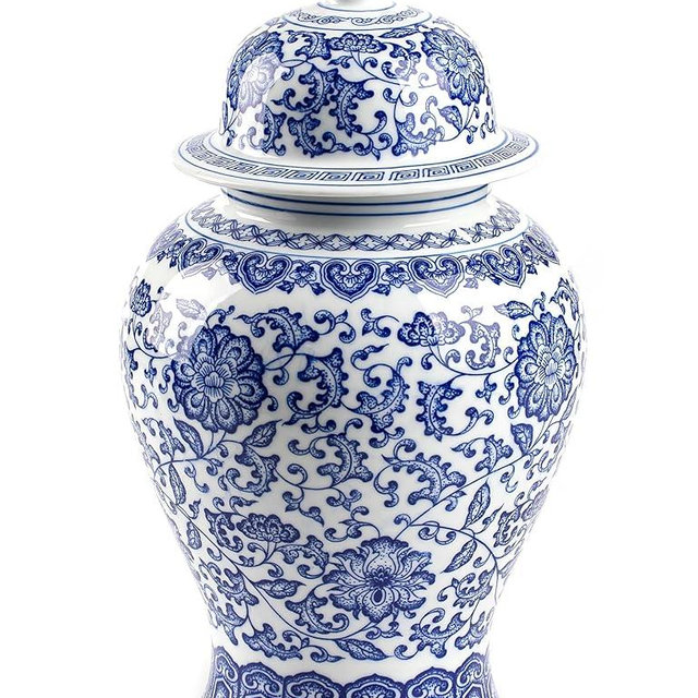 Blue and White Ginger Jar, Ceramic Chinoiserie Decorative Jars for Home, Office, Flower Vase Pocelain, Glossy Vase for Table, Living Room, Bookshelf, Mantle Fireplace, Centerpieces,15" H