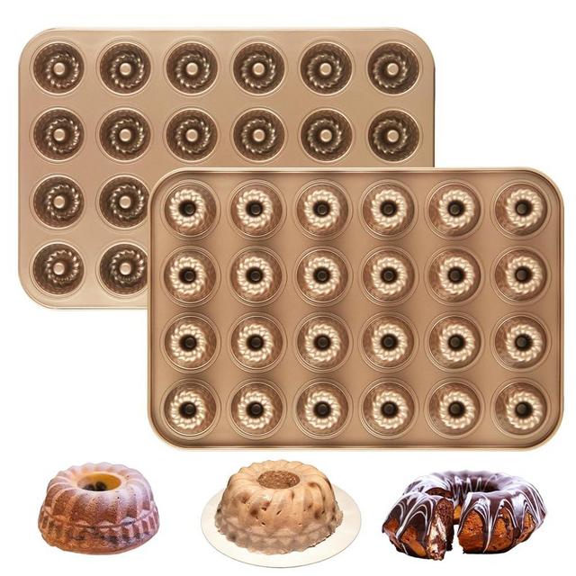 Oungy 2 PCS Mini Bndt Cake Pan Mini Fluted Tube Pan 24-Cavity Mini Cake Pan Non-Stick Mini Bundt Cake Molds, Carbon Steel, Gold
