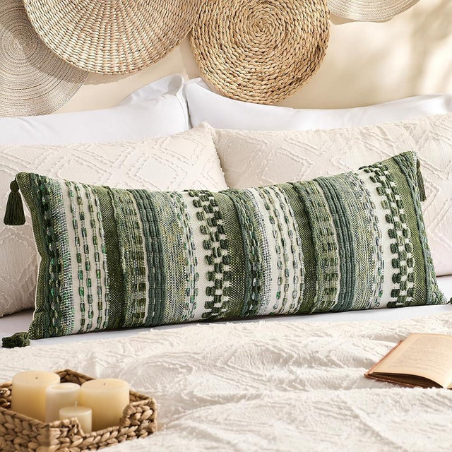 Kevin Textile 14x36 Inch Long Lumbar Pillow Cover 1 Pack Boho Decorative Rectangle Cushion Case Throw Soft Chenille Thread Woven Tufted Textured Farmhouse Accent for Living Room Couch Sofa Bed, Green