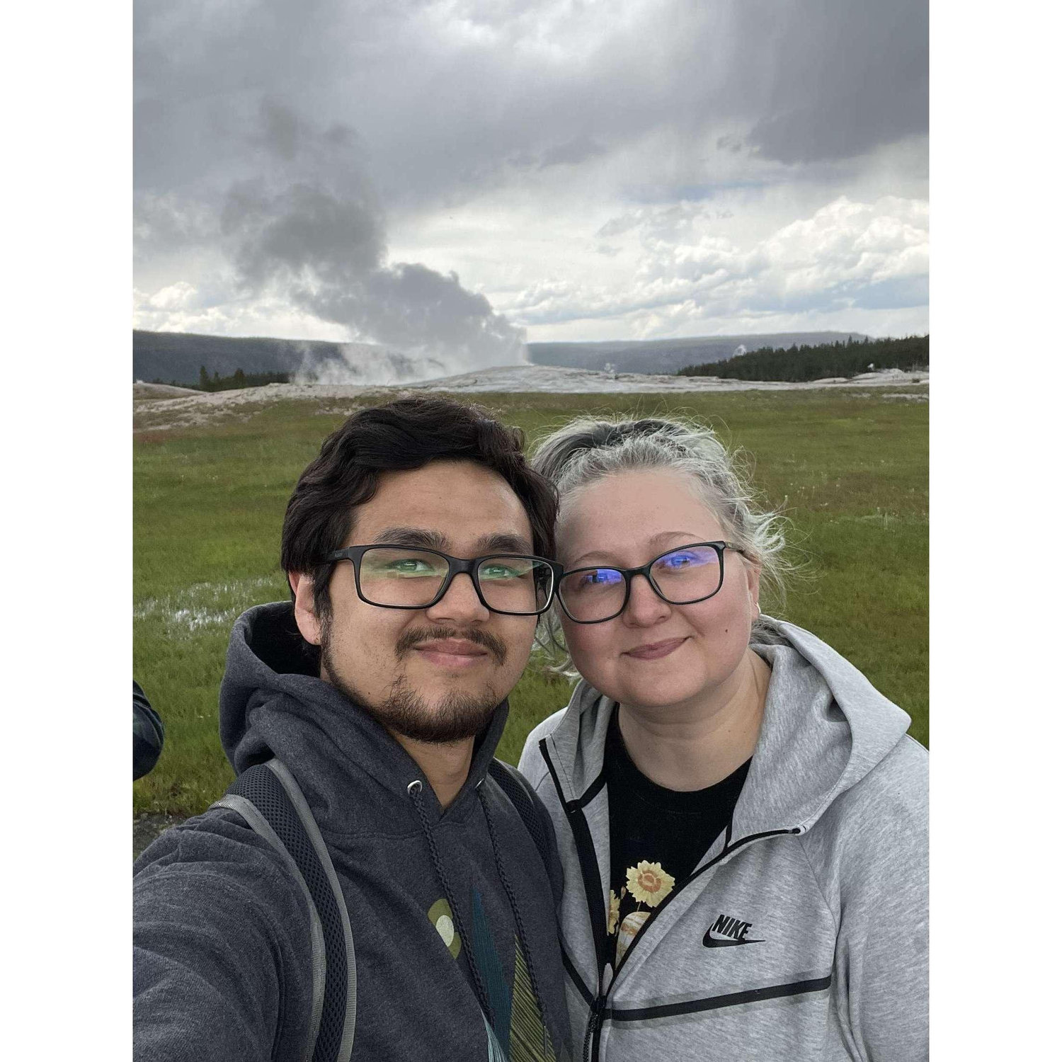 Watching Old Faithful erupt - Anniversary Trip 2023