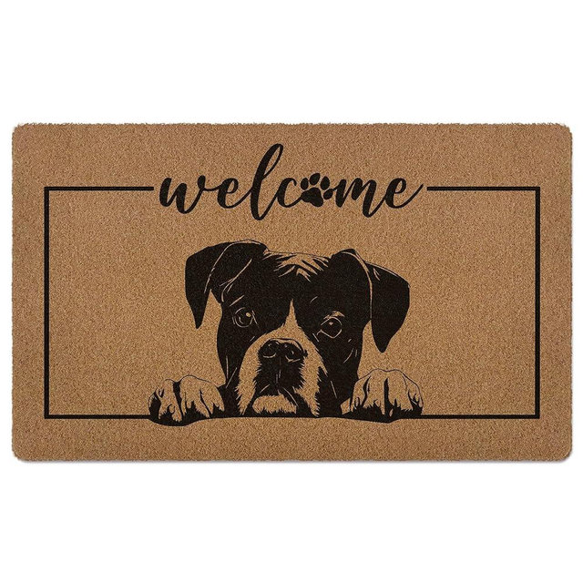 Qskjre Boxer Dog Welcome Door Mat, Funny Boxer Artificial Coir Front Door Mat Indoor Outdoor Entrance, Cute Dog Paws Doormat Rug Gifts for Dogs Lovers Porch Entryway Patio Decor,17X30 Inch