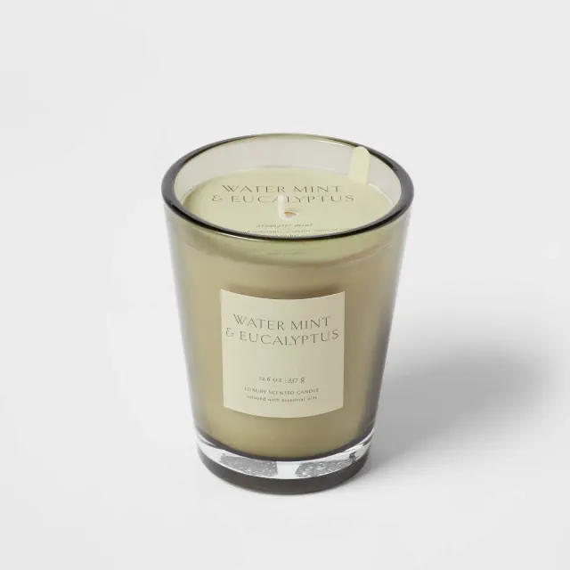12.6oz Colored Vase Glass with Dustcover Watermint and Eucalyptus Candle Green - Threshold™: Palm Wax, 52hr Burn Time, Jar Style