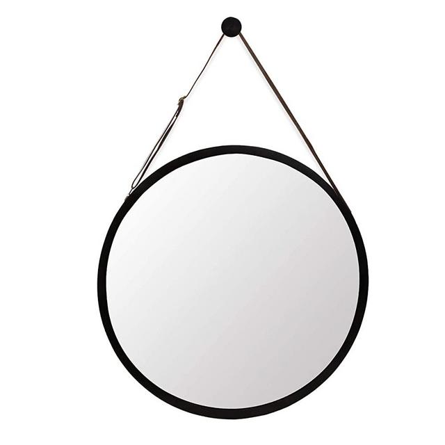 Wall Round Circle Black Mirror - Bamboo Frame 17-3/4 Inch & Adjustable Hanging Leather Strap