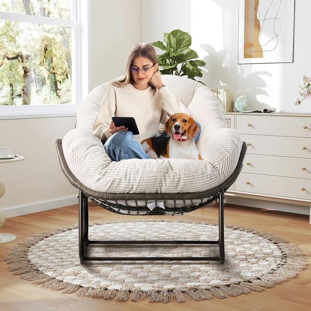 Large Indoor Rocking Chair, Oversized Rocking Papasan Chair with Thick Cushion and Frame,Comfy Corduroy Rocker Wicker Egg Chairs Lounge Reading Chair for Living Room, Bedroom, Apartment, White