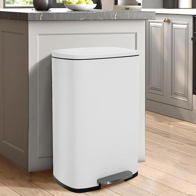 50 Liter Kitchen Trash Can with Lid, Stainless Steel 13 Gallon Trash Can with Foot Pedal and Plastic Inner Bucket, Fingerprint-Resistant Soft Close Lid Garbage Can, Odor Proof and Hygienic, White