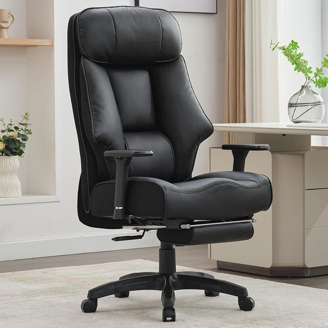 DJ·Wang Big and Tall Office Chair 400lbs with Foot Rest, High Back Executive Office Chair with Extra-Thick Spring Cushion, Ergonomic PU Leather Chairs PU Black
