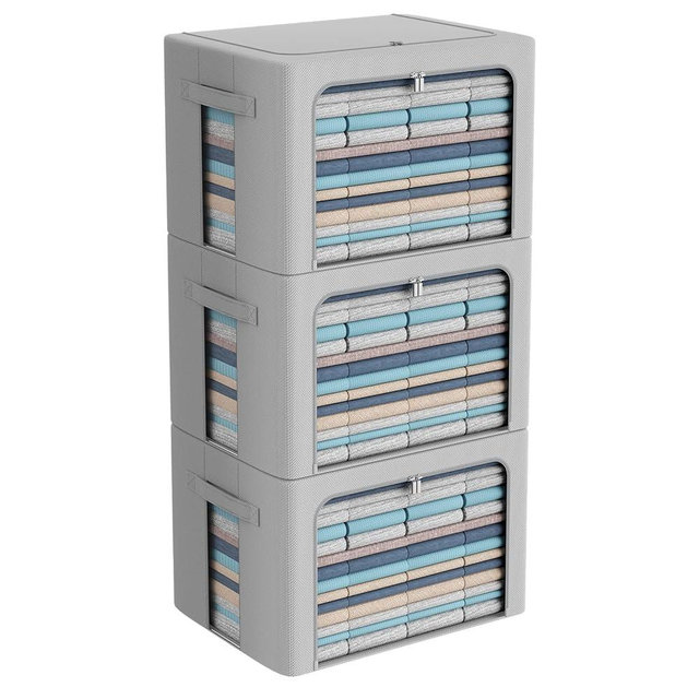3Pack Frame Storage Box - Clothes Storage Bin Bags Oxford Fabric Foldable Stackable Container Organizer Set with Clear Window & Carry Handles (Grey, Extra Large-100L)