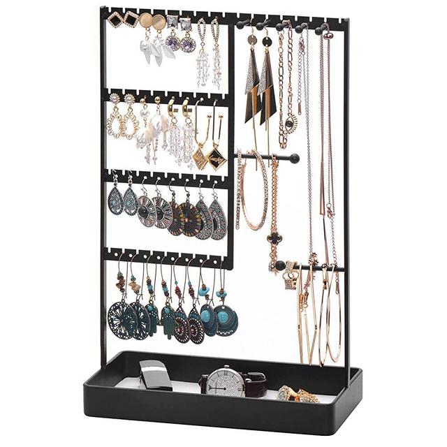 PiQi-Grecge Earring Holder Organizer, 4-Tier Jewelry Holder Stand as Gift for Women, Jewelry Display Organizer for Necklaces Stud Earrings Bracelets and Rings, Black