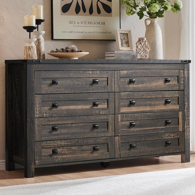 T4TREAM Farmhouse 8 Drawers Dresser for Bedroom, Rustic Wood Wide Double Dresser TV Stand for Living Room, Hallway, Dark Rustic Oak