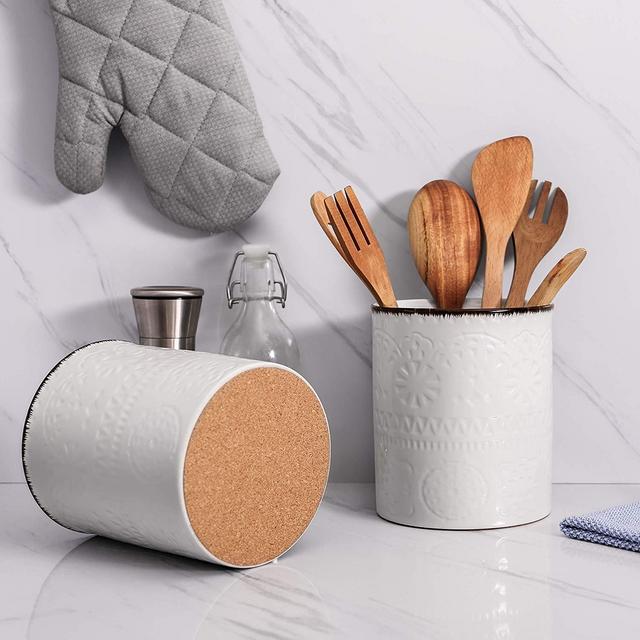 DOWAN Utensil Holder, Ceramic Kitchen Utensil Holder with Cork Mat, Embossed Utensils Holder, White