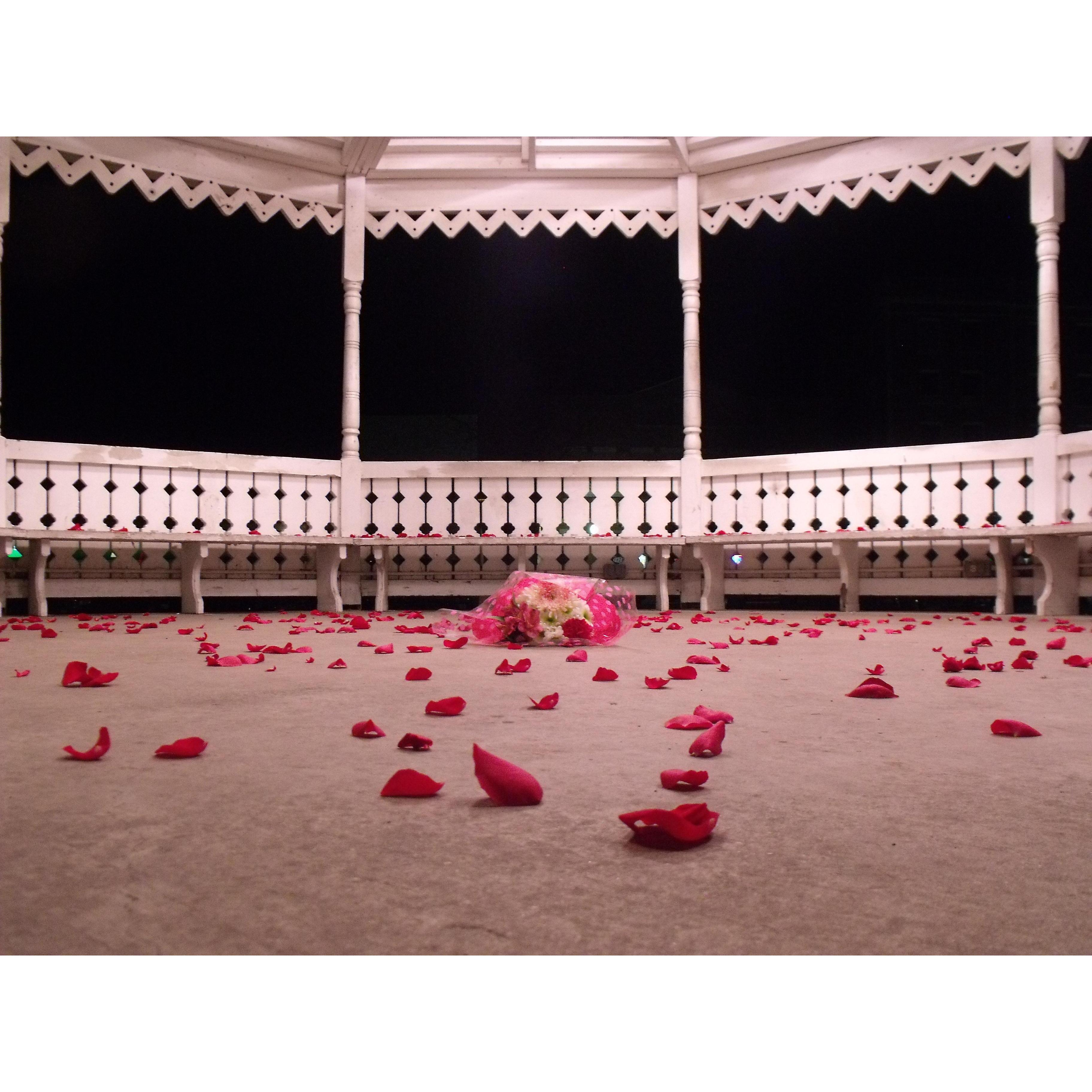 The proposal: We walked into this gazebo covered in flower petals and tealight candles. I saw the bouquet in the middle of the floor and I knew this was it! He was going to pop the question!