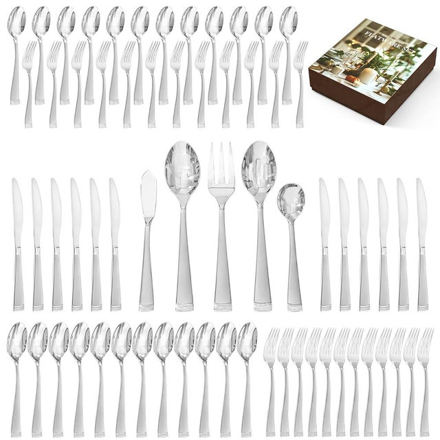 KINGSTONE Silverware Set, 65-Piece Flatware Set for 12, 18/10 Stainless Steel Cutlery Set with Bead Edge, Utensil for Kitchen, Home, Party, Wedding, Mirror Polished, Dishwasher Safe, Featured Gifts