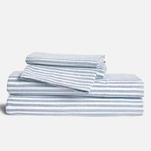 Washed European Linen Core Sheet Set - Oxford Stripe in Storm Chambray - Full