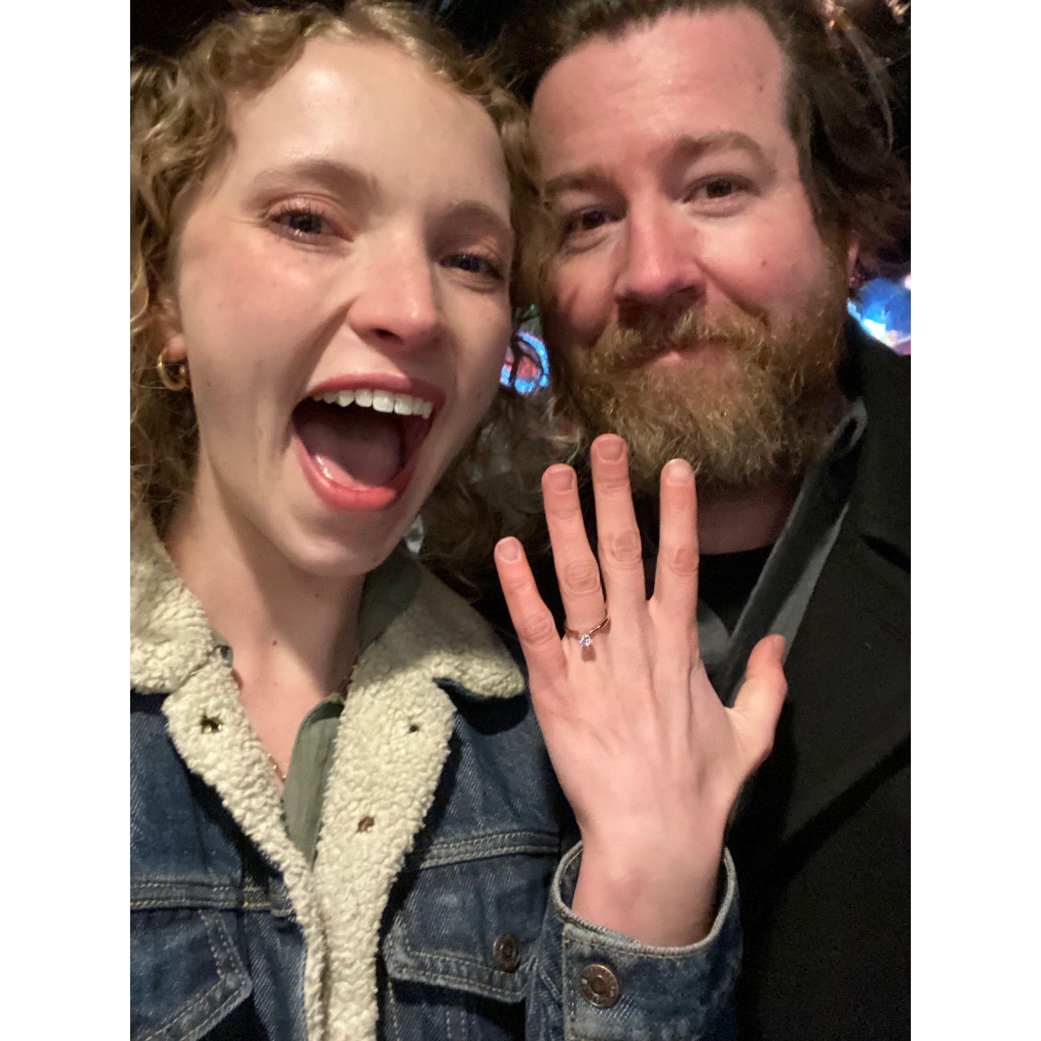 Minutes post-engagement! Brian proposed on a freezing night in February in Downtown Denver, on a deserted Larimer Street. We drank dill vodka and champagne at Red Square, then went to a comedy show.