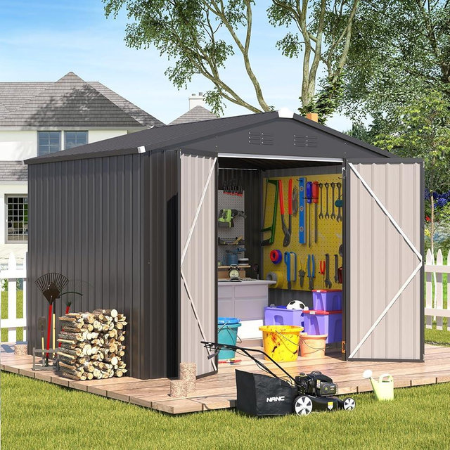 AECOJOY Shed 8' x 6' Metal Storage Shed for Ourdoor, Dark Grey Steel Yard Shed (53 Sq.Ft Land) with Design of Lockable Doors, Utility and Tool Storage for Garden, Backyard, Patio, Outside use