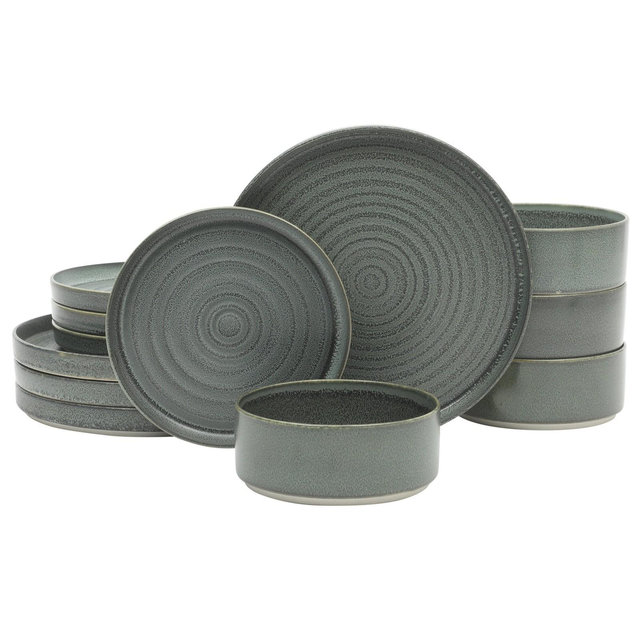 Gibson Elite Echo Bay 12 Piece Porcelain Reactive Glaze Ceramic Plates and Bowls Modern Stackable Dinnerware Set Blue