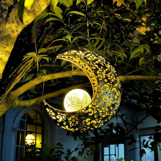 QCF Solar Garden Hanging Moon Lights Outdoor Decor,Metal Lanterns Art Decorations for Outside Yard Lawn Patio Wall Fences Driveway Trail,Unique Housewarming Gardening Gifts for Women Mom