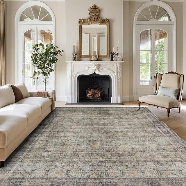 Srugn Washable Rugs 8x10 Area Rugs for Living Room,Bedroom and Dining Room-Large Ultra Soft Faux Wool Retro Carpets,Non Slip&Non-Shedding Low Pile Vintage Print Home Office Rug-Brass Green-Brown-Olive