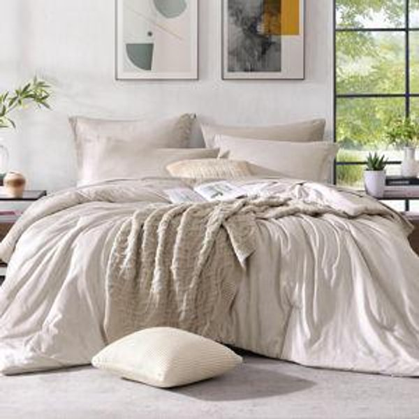Monbix Oversized King Comforter Set - 7 Pieces Cationic Dyeing Oatmeal Beige Bed in a Bag Bedding Sets with Comforter, Sheets, Pillowcases & Shams, Reversible Bedding Comforters Sets